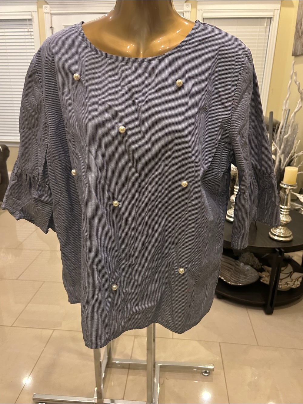 Como Vintage Blue Pinstripe Blouse with Pearl Accents